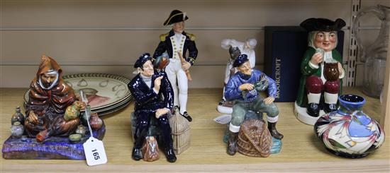 Six Royal Doulton porcelain figures, a Doulton Toby jug and three Seriesware plates